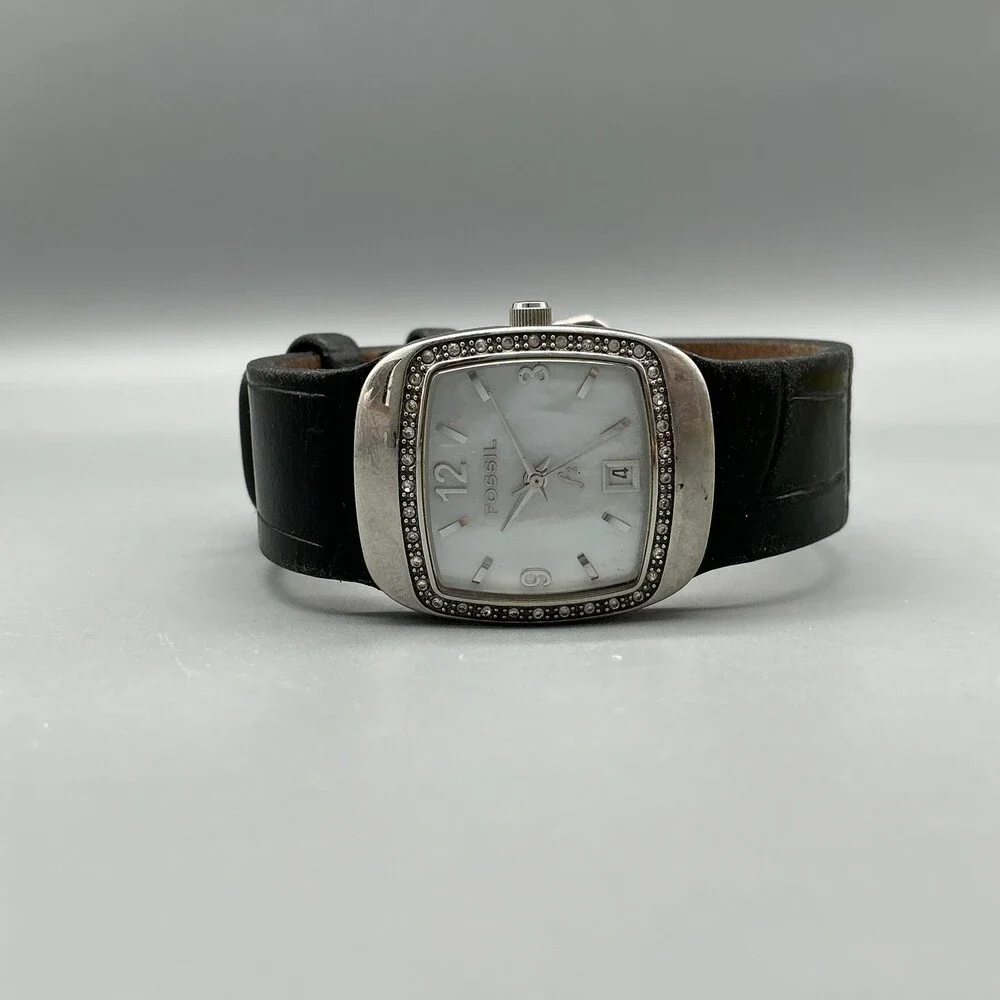 Fossil F2 ES-9719 Womens Watch 25mm MOP Dial Black Leather New Battery